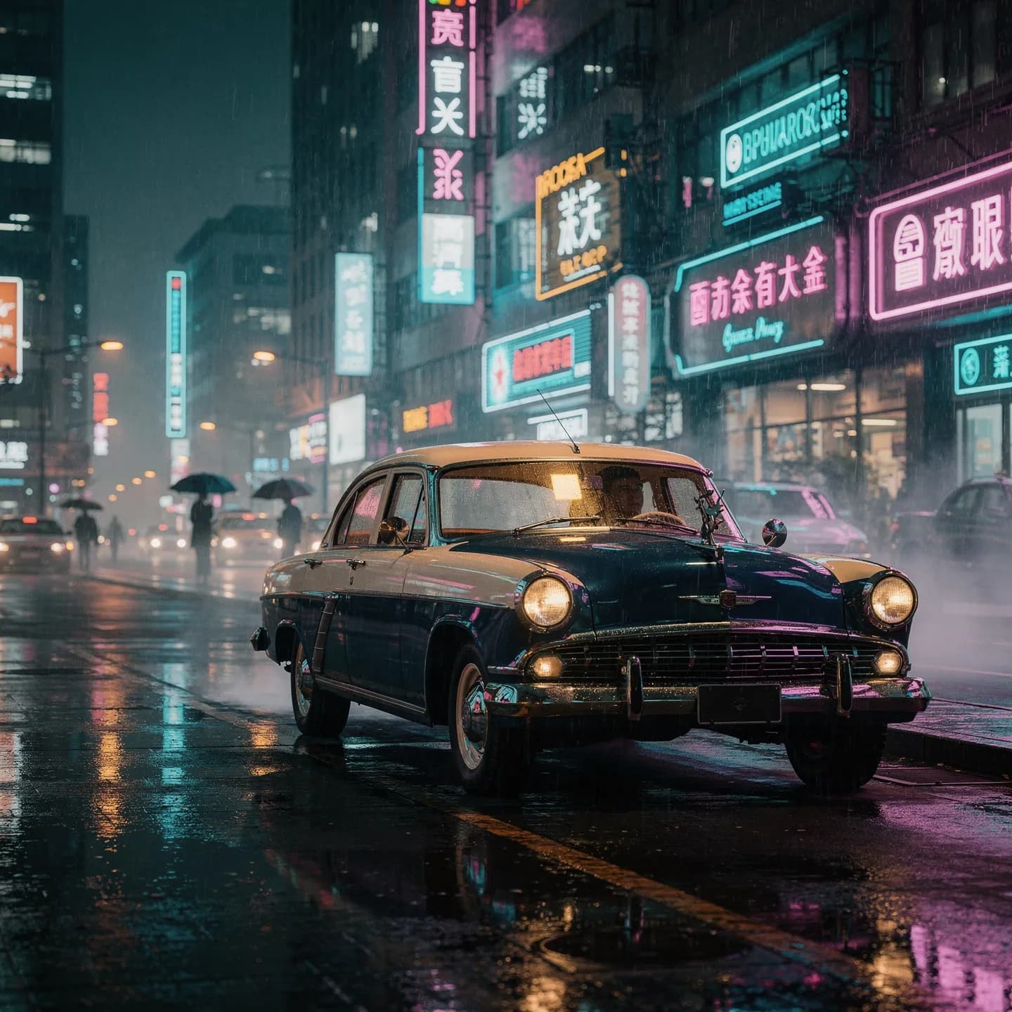 Советская Волга на ночной улице с неоновыми вывесками — кинематографический референс
