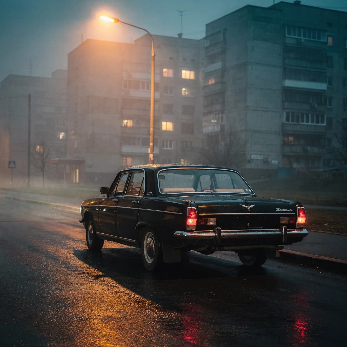 Чёрная ГАЗ-24 Волга на пустой ночной улице под одиночным фонарём, советская брутальная архитектура на фоне